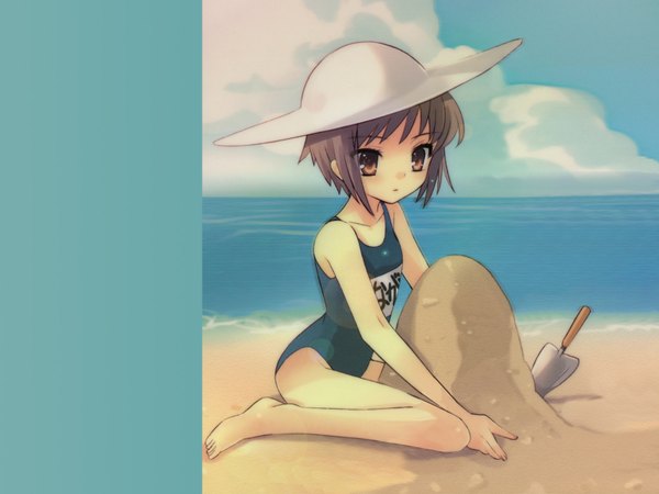 Anime picture 1600x1200 with suzumiya haruhi no yuutsu kyoto animation nagato yuki highres short hair brown eyes sky silver hair cloud (clouds) wallpaper girl swimsuit hat sea one-piece swimsuit school swimsuit shovel sand castle