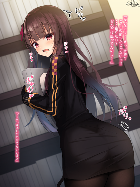 Anime picture 1536x2048 with girls frontline wa2000 (girls frontline) ramchi single long hair tall image looking at viewer blush fringe breasts open mouth light erotic red eyes brown hair holding signed ass indoors blunt bangs looking back