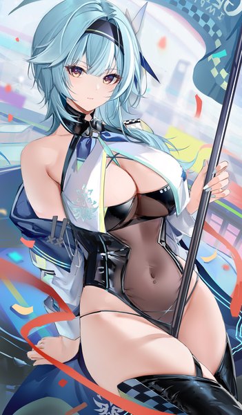 Anime picture 2480x4245 with genshin impact eula lawrence congqian you ke xing single long hair tall image looking at viewer blush fringe highres breasts light erotic large breasts standing brown eyes blue hair cleavage nail polish fingernails off shoulder