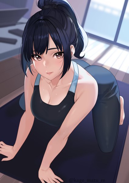 Anime picture 1736x2456 with original kagematsuri single tall image looking at viewer blush fringe highres short hair breasts light erotic black hair large breasts bare shoulders brown eyes signed payot cleavage ass ponytail