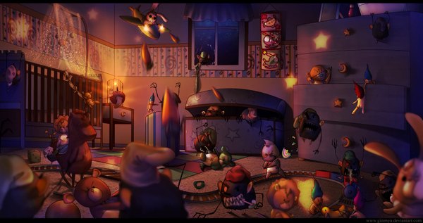 Anime picture 1600x846 with original gizenya (artist) wide image indoors battle star (symbol) toy bunny room railways