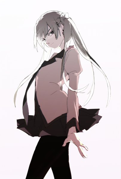 Anime picture 590x873 with owarimonogatari shaft (studio) monogatari (series) oikura sodachi dqn (artist) single long hair tall image fringe simple background smile white background twintails payot looking away grey hair grey eyes girl uniform school uniform