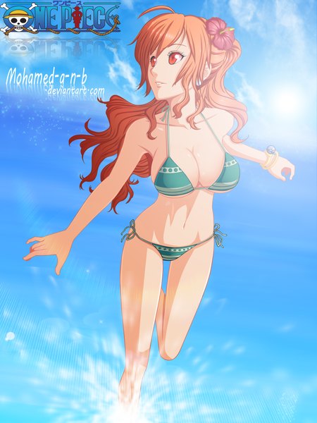 Anime picture 3500x4665 with one piece toei animation nami (one piece) m-shu single long hair tall image highres light erotic absurdres sky cloud (clouds) hair flower orange hair inscription orange eyes coloring girl hair ornament swimsuit