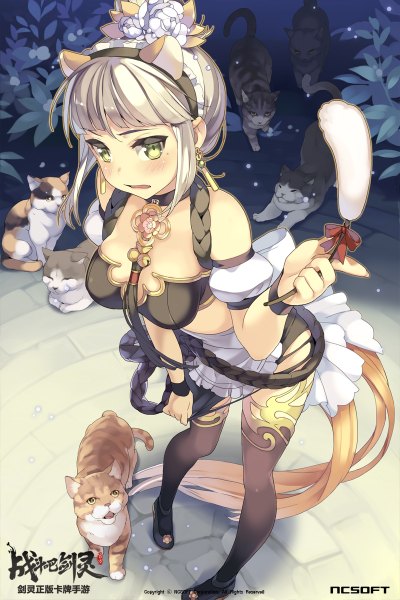 Anime picture 800x1200 with blade & soul btoor single tall image looking at viewer blush short hair open mouth light erotic animal ears yellow eyes white hair tail animal tail hair flower fake animal ears girl thighhighs dress flower (flowers)