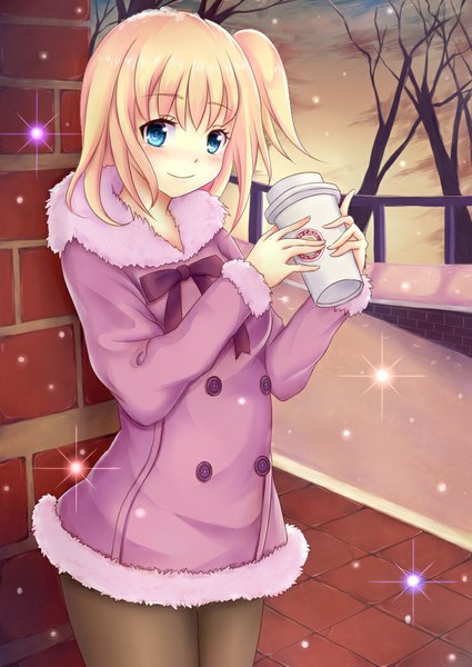 Anime picture 741x1047 with original coffeedog single tall image blush short hair blue eyes blonde hair smile girl plant (plants) tree (trees) coat