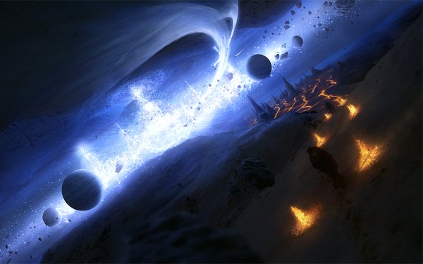 Anime picture 1280x800 with original smiling-demon (artist) wide image light landscape fantasy sand space boy star (stars) fire planet