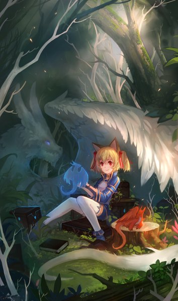 Anime picture 1200x2030 with sword art online a-1 pictures silica pina (sao) fom (lifotai) tall image short hair blonde hair red eyes sitting twintails animal ears cat ears short twintails girl thighhighs ribbon (ribbons) plant (plants) hair ribbon white thighhighs