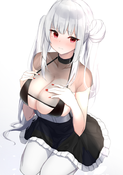 Anime picture 1190x1684 with original nephthys2356 single long hair tall image looking at viewer blush fringe breasts light erotic simple background red eyes large breasts white background sitting twintails payot cleavage silver hair blunt bangs