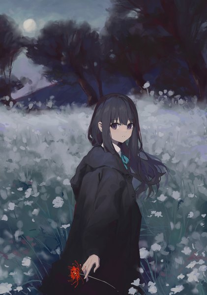 Anime-Bild 2268x3235 mit lycoris recoil inoue takina sentter single long hair tall image looking at viewer fringe highres black hair standing purple eyes holding sky outdoors blunt bangs long sleeves parted lips wind girl