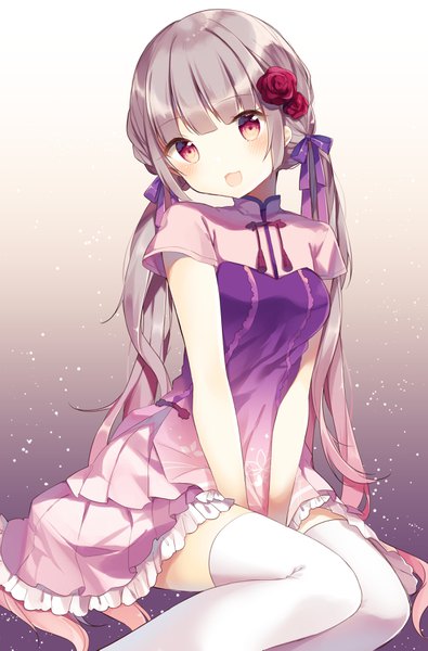 Anime picture 2375x3609 with original shiino sera (gelatin) single long hair tall image looking at viewer blush fringe highres open mouth twintails blunt bangs head tilt pink eyes hair flower grey hair short sleeves low twintails girl thighhighs