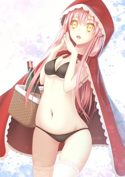 Anime picture 1000x1414 with little red riding hood little red riding hood (character) koyaya (sorano) single long hair tall image blush breasts open mouth light erotic yellow eyes pink hair fingers together girl thighhighs navel underwear panties white thighhighs hood