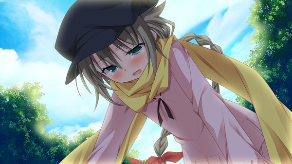 Anime picture 2048x1152 with namima no kuni no faust single long hair blush highres open mouth wide image green eyes game cg braid (braids) grey hair tears girl scarf flat cap