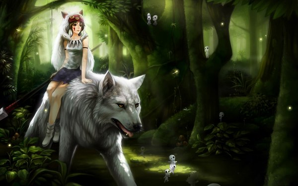 Anime picture 1920x1200 with mononoke hime studio ghibli san moro no kimi kodama (mononoke hime) synpai highres short hair open mouth brown hair wide image bare shoulders brown eyes animal ears yellow eyes sunlight tattoo mask on head riding girl