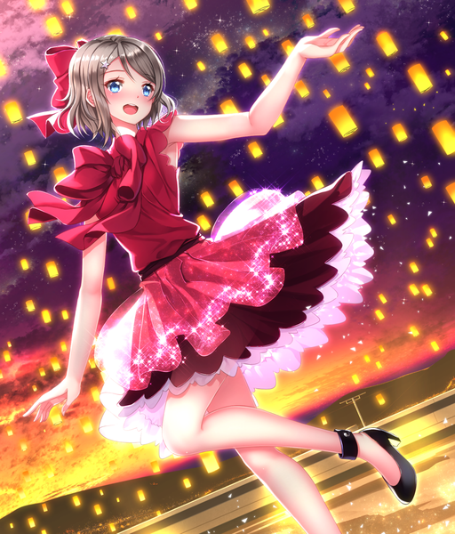 Anime picture 1102x1291 with love live! sunshine!! sunrise (studio) love live! watanabe you swordsouls single tall image blush short hair open mouth blue eyes brown hair looking away girl dress bow hair bow red dress