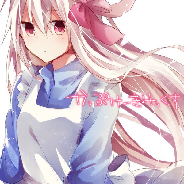 Anime picture 2126x2126 with kagerou project shaft (studio) mary (kagerou project) yuruno single long hair looking at viewer blush fringe highres simple background white background pink hair pink eyes wind text looking down girl bow hair bow