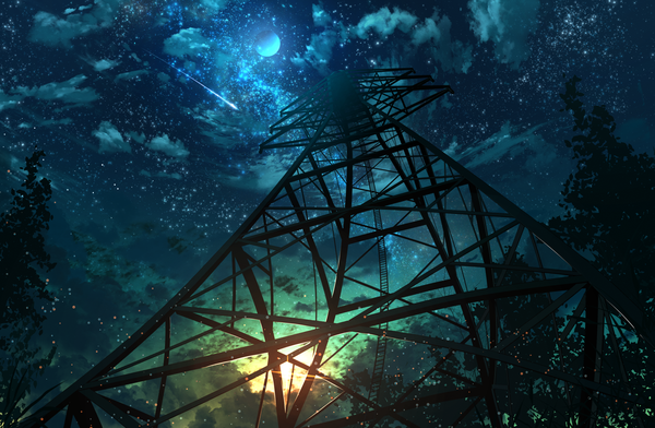 Anime picture 2941x1923 with original abisswalker8 highres cloud (clouds) outdoors sunlight night night sky no people scenic shooting star morning sunrise plant (plants) tree (trees) moon star (stars) full moon sun tower