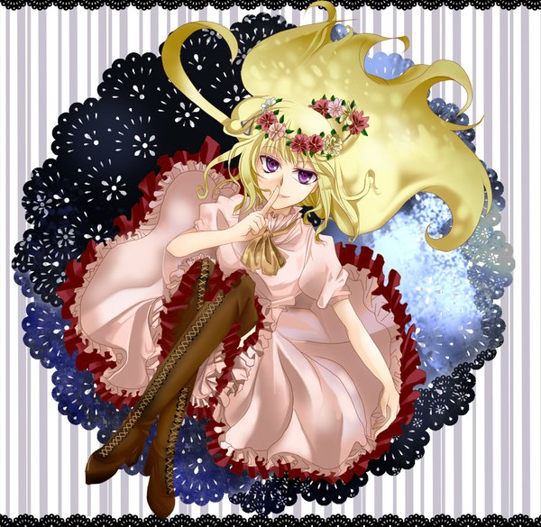 Anime picture 1128x1100 with original float (artist) long hair blonde hair purple eyes lace-up boots dress flower (flowers) wreath