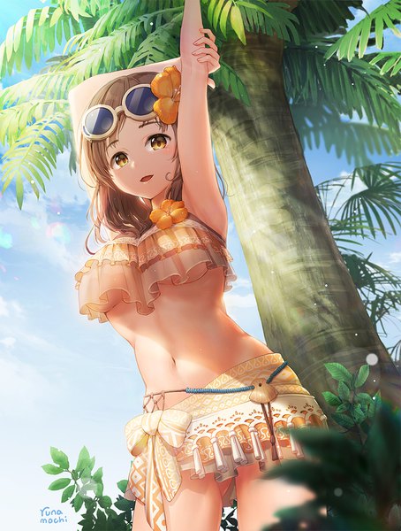Anime picture 900x1188 with monster hunter monster hunter: world handler (monster hunter world) runamochi single long hair tall image looking at viewer blush fringe breasts open mouth light erotic brown hair standing signed yellow eyes sky cloud (clouds) outdoors