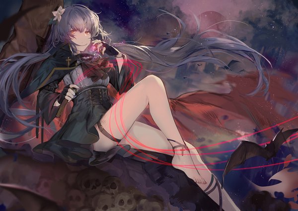 Anime picture 2000x1414 with touhou tsukumo benben kita (kitairoha) single looking at viewer fringe highres hair between eyes standing sitting holding purple hair bent knee (knees) outdoors long sleeves very long hair nail polish pleated skirt barefoot arm up