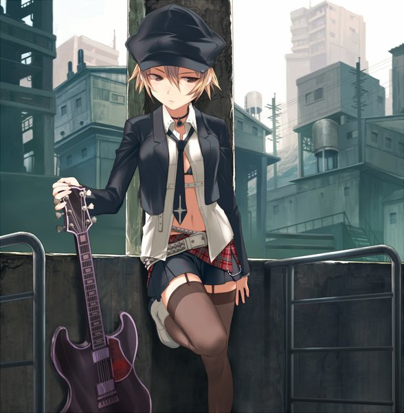 Anime picture 1050x1071 with original uni (plastic girl) single tall image fringe short hair blonde hair holding brown eyes looking away open clothes open shirt girl thighhighs skirt navel hat miniskirt shirt necktie