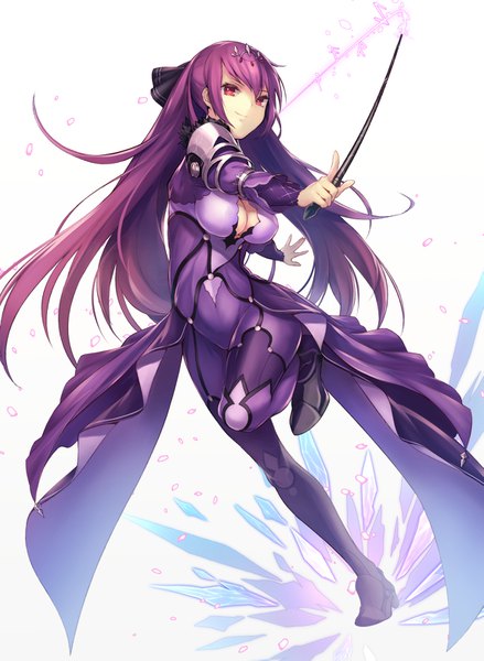 Anime picture 1145x1565 with fate (series) fate/grand order scathach (fate) (all) scathach skadi (fate) omoti (1201208) single long hair tall image looking at viewer fringe breasts light erotic simple background hair between eyes large breasts standing white background holding cleavage purple hair