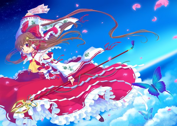 Anime picture 1500x1069 with touhou hakurei reimu soukuu kizuna single long hair red eyes brown hair sky cloud (clouds) flying miko girl dress skirt bow hair bow detached sleeves petals insect butterfly