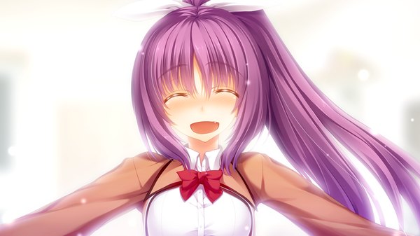 Anime picture 1280x720 with gleam garden no shoujo asahina chitose char long hair blush open mouth simple background wide image white background game cg purple hair ponytail eyes closed teeth fang (fangs) ^ ^ ^o^ girl bow hair bow