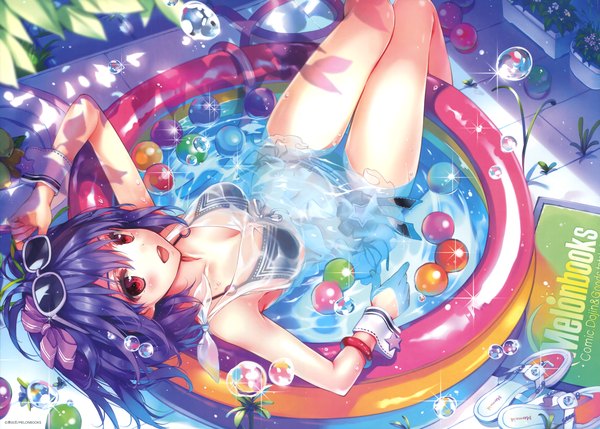 Anime picture 5310x3800 with melonbooks black lemon-chan kuroya shinobu single looking at viewer blush highres short hair open mouth light erotic red eyes sitting absurdres purple hair scan shadow sunglasses on head girl ribbon (ribbons) swimsuit