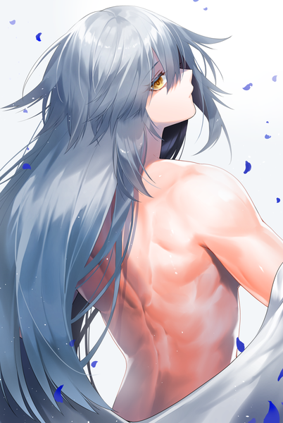 Anime picture 900x1344 with original dodome ichika waka (shark waka) single long hair tall image looking at viewer fringe light erotic simple background hair between eyes standing yellow eyes silver hair upper body profile looking back from behind back bare back
