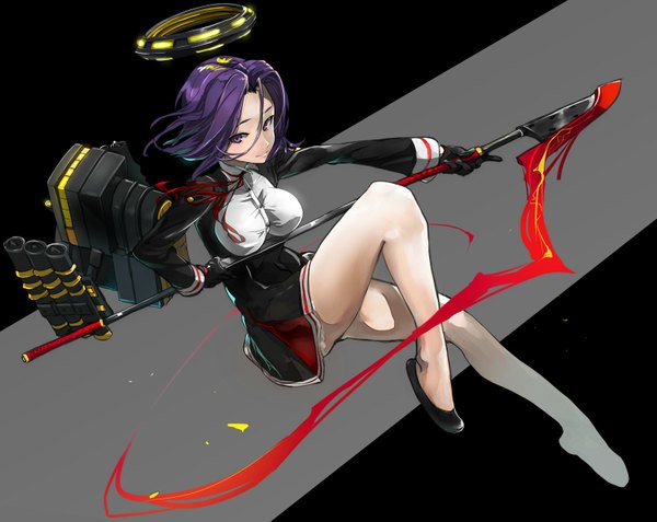 Anime picture 1569x1249 with kantai collection tatsuta light cruiser tagaya6592 single looking at viewer short hair breasts large breasts purple eyes purple hair full body girl dress weapon shoes gun halo spear