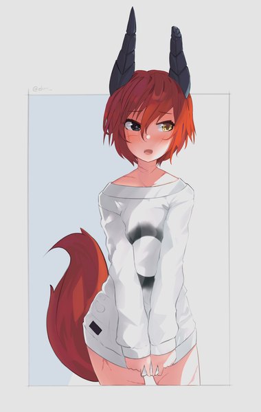 Anime picture 1814x2866 with original ehrrr single tall image fringe highres short hair open mouth hair between eyes signed yellow eyes looking away red hair tail long sleeves animal tail horn (horns) black eyes twitter username heterochromia