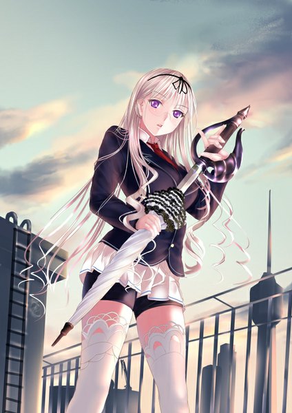 Anime picture 596x842 with original ponytail korosuke single long hair tall image looking at viewer purple eyes sky cloud (clouds) white hair girl thighhighs weapon white thighhighs sword
