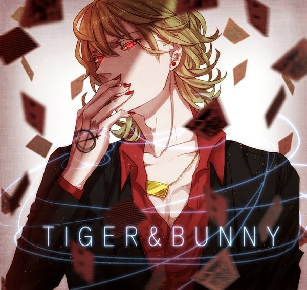Anime picture 1024x969 with tiger & bunny sunrise (studio) barnaby brooks jr. ourobunny tsubaki ya (artist) short hair blonde hair red eyes nail polish inscription tattoo boy earrings pendant card (cards)
