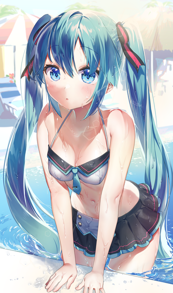 Anime picture 1182x2000 with vocaloid hatsune miku kirisaki shuusei single tall image looking at viewer blush fringe breasts open mouth blue eyes light erotic hair between eyes twintails blue hair cleavage outdoors very long hair pleated skirt sunlight