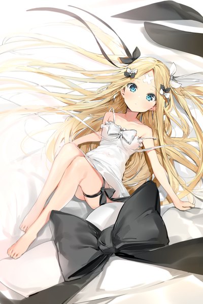 Anime picture 1700x2551 with fate (series) fate/grand order abigail williams (fate) silver (chenwen) single long hair tall image looking at viewer blush fringe blue eyes light erotic blonde hair bare shoulders full body bent knee (knees) barefoot from above dutch angle strap slip