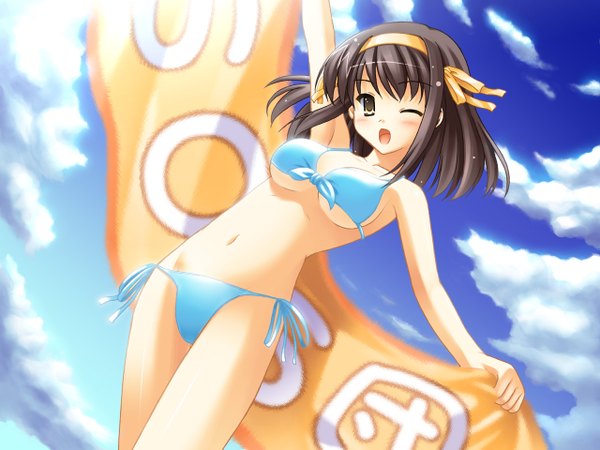 Anime picture 1280x960 with suzumiya haruhi no yuutsu kyoto animation suzumiya haruhi single looking at viewer blush short hair breasts open mouth light erotic brown hair large breasts brown eyes sky cloud (clouds) one eye closed wink summer girl swimsuit