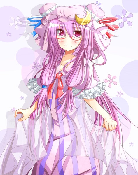 Anime picture 1500x1900 with touhou patchouli knowledge warabi mochi (ehimedaisuki) single long hair tall image purple eyes purple hair girl dress glasses bonnet