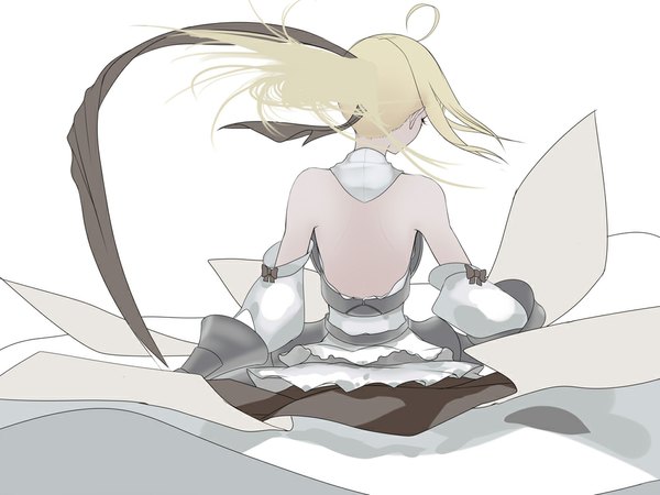 Anime picture 1000x750 with fate (series) fate/stay night studio deen type-moon artoria pendragon (all) saber saber lily cao xiong (tlb12121) single long hair blonde hair simple background white background ponytail from behind back girl dress ribbon (ribbons) hair ribbon