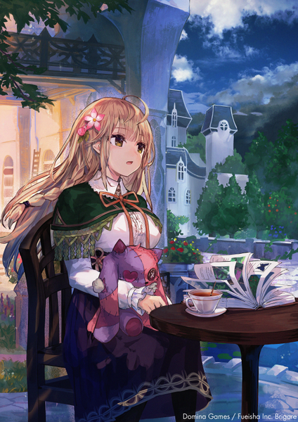 Anime picture 566x800 with brigare makihitsuji single long hair tall image fringe open mouth blonde hair sitting holding brown eyes payot looking away sky cloud (clouds) ahoge outdoors blunt bangs braid (braids) pleated skirt
