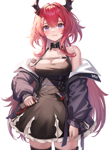 Anime picture 1200x1636 with arknights surtr (arknights) senkou noah single long hair tall image looking at viewer fringe simple background hair between eyes standing white background purple eyes cleavage red hair horn (horns) off shoulder open jacket :3 girl