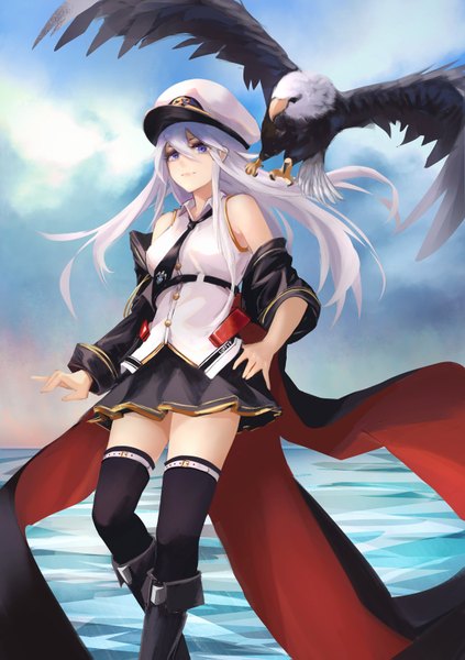 Anime picture 1100x1559 with azur lane enterprise (azur lane) leng xiin single long hair tall image looking at viewer fringe blue eyes hair between eyes standing bare shoulders sky silver hair cloud (clouds) outdoors pleated skirt wind off shoulder horizon