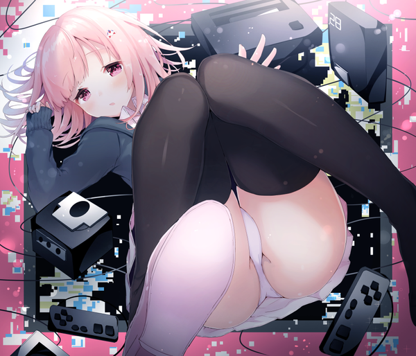 Anime picture 1000x857 with dangan ronpa super dangan ronpa 2 nanami chiaki suzumori uina single looking at viewer blush fringe short hair light erotic pink hair ass lying blunt bangs long sleeves parted lips pink eyes :o on back zettai ryouiki