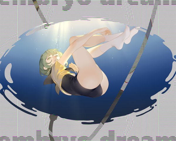 Anime picture 1500x1200 with touhou komeiji koishi hillly (maiwetea) single short hair light erotic green eyes full body ass parted lips green hair no shoes embryo's pose girl swimsuit socks white socks one-piece swimsuit black swimsuit