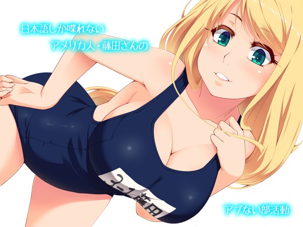 Anime picture 1200x900 with original hayashi custom single long hair looking at viewer blush fringe breasts light erotic simple background blonde hair smile large breasts white background cleavage parted lips aqua eyes leaning leaning forward hand on hip