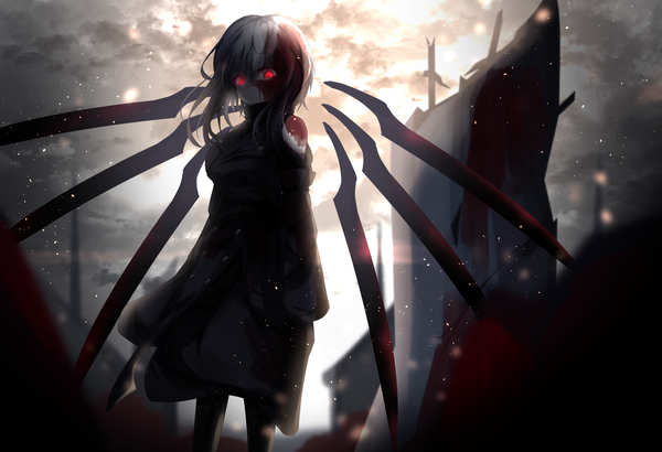 Anime picture 3800x2600 with original kisuzu 14 single looking at viewer fringe highres short hair hair between eyes red eyes absurdres cloud (clouds) outdoors grey hair blurry from below glowing symbol-shaped pupils glowing eye (eyes) serious blood on face