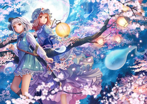 Anime picture 1024x729 with touhou konpaku youmu saigyouji yuyuko siro short hair red eyes multiple girls silver hair red hair japanese clothes light smile cherry blossoms sheathed girl skirt hair ornament flower (flowers) weapon 2 girls hat