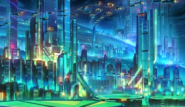 Anime picture 2300x1330 with nico nico singer tagme (artist) highres wide image night night sky city cityscape no people city lights building (buildings) aircraft airplane