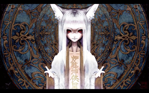 Anime picture 1920x1200 with banpai akira long hair highres red eyes wide image animal ears white hair pointy ears cat ears cat girl girl