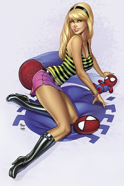 Anime picture 603x900 with marvel comics spider-man (series) gwen stacy spiderman squirrelshaver single long hair tall image blue eyes blonde hair smile lips legs girl skirt miniskirt choker toy stuffed animal t-shirt