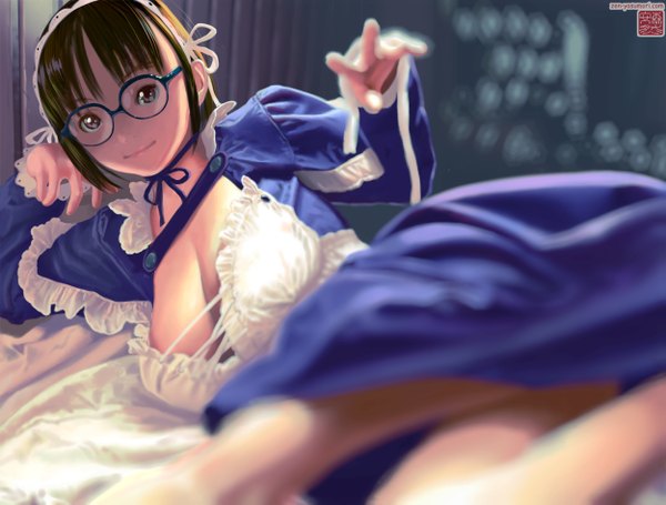 Anime picture 1250x948 with original yasumori zen single looking at viewer short hair breasts light erotic brown hair brown eyes maid girl dress uniform glasses headdress maid headdress